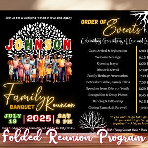 Peut inclure: Un programme de réunion de famille noir avec une illustration de famille, le nom "JOHNSON" et les détails de l'événement. Le programme comprend la date, le 19 juillet 2025, et l'heure, 18h00. Le thème est "Célébrer les générations d'amour et d'héritage."