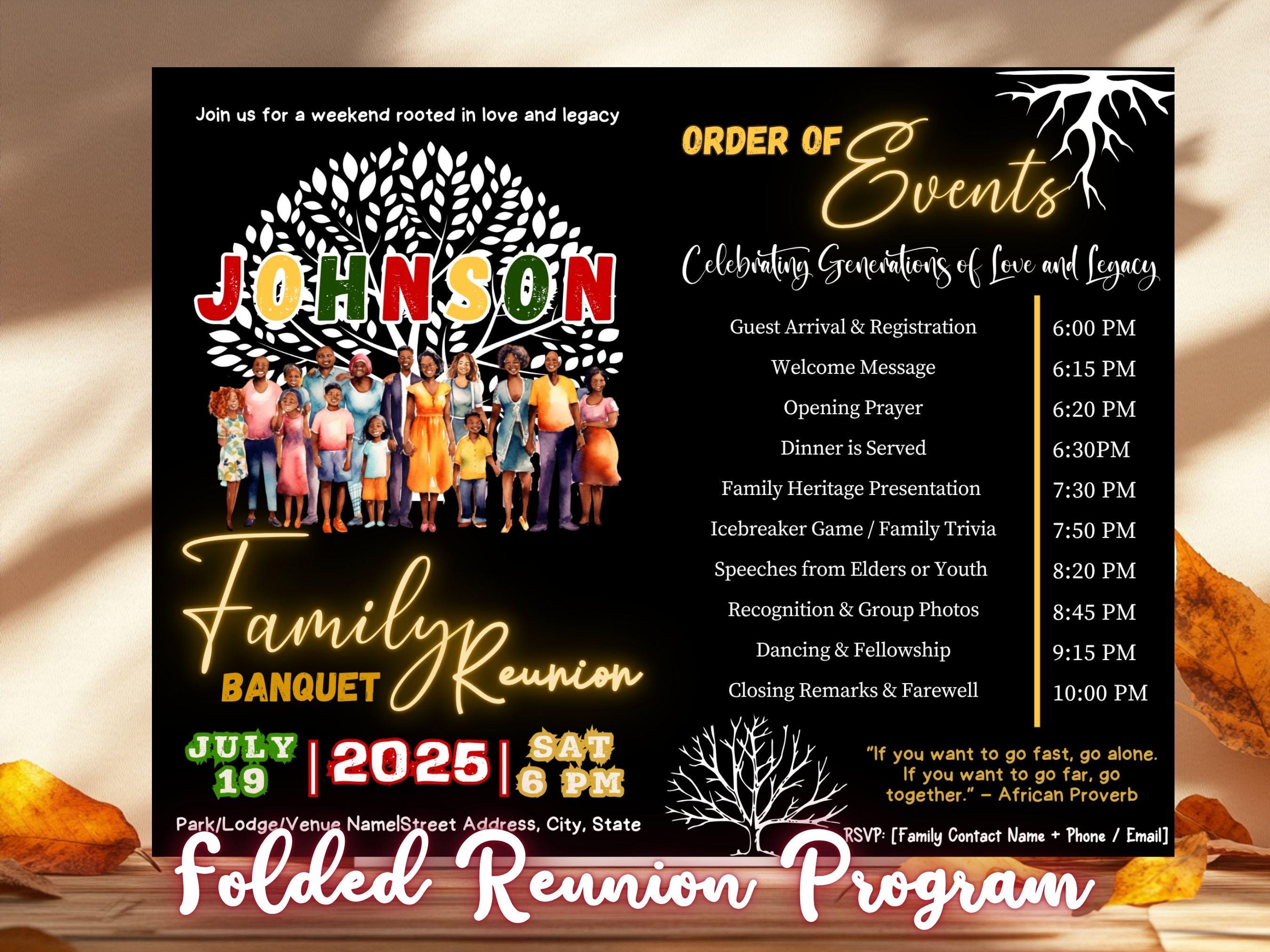 Folded African American Family Reunion Program Invitation Family Itinerary Flyer Black Family Reunion Evites, Editable Black Reunion Flyers