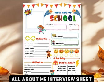 Superhero All About Me Interview Sheet Super Kids Back to School Printable First Day of School Student Questionnaire Favorite Things PDF