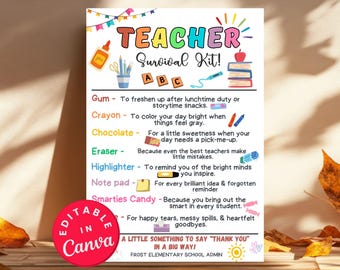 Lehrer-Überlebens-Kit-Etikett, bearbeitbarer Geschenkanhänger für Lehrerwertschätzung, Back to School-Leckereien für Geschenkideen für Lehrerpersonal-Anerkennungswoche