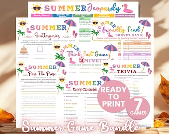 Paquete de juegos de preguntas y respuestas de verano, divertidas actividades imprimibles de verano para niños y adultos, juegos familiares tipo Jeopardy de verano, ideas para fiestas en la piscina, juegos de preguntas y respuestas para las vacaciones.