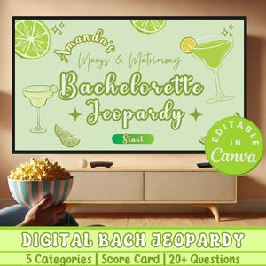Margs and Matrimony Bachelorette Jeopardy Bridal Party Trivia Game Groom Bachelorette Bikinis and Martinis Editable Canva Presentation PPT