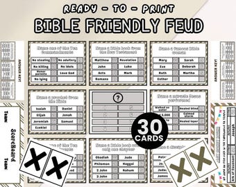 30 Bibelfreundliches Feud-Spiel Druckbare christliche Trivia für Familienspielnacht, lustige Aktivität in der Kirche für Jugendgruppen, Sonntagsschule Bibel-Feudalspiel