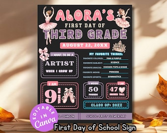バレリーナテーマの入学初日サイン、編集可能なバレエ3年生入学初日チラシ、新学期テンプレート、幼稚園向け自己紹介DIY