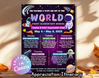 Volantino per la Settimana di apprezzamento degli insegnanti a tema spaziale, modello di itinerario spaziale modificabile, programma degli eventi per i dipendenti del pianeta, poster per il personale ospedaliero.