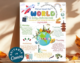 Around the World Teacher Appreciation Week Itinerary Editable International Theme Template Printable Teacher & Staff Travel Itinerary Flyer