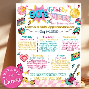 Sjabloon jaren 90 thema leraar waardering week retro reisplan, bewerkbare jaren 80 thema personeel waardering flyer afdrukbare throwback Old School