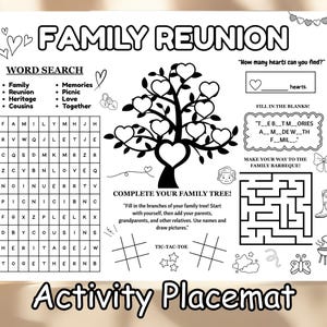 Family Reunion Placemat Activity Sheet Printable Kids Coloring Page, Black Family Tree Placemat Craft Family Reunion Trivia Table Mat Games