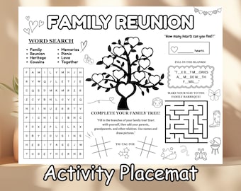 Family Reunion Placemat Activity Sheet Printable Kids Coloring Page, Black Family Tree Placemat Craft Family Reunion Trivia Table Mat Games