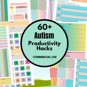 May include: A collection of printable planning pages with a variety of layouts and color schemes. The central image features a circular design with the text "60+ Autism Productivity Hacks" in black and green. The phrase "COMMERCIAL USE" is also visible.