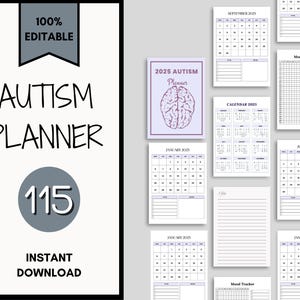 May include: A printable 2025 Autism Planner with 115 pages. The planner includes monthly calendars, mood trackers, and lined pages. The cover features a purple brain graphic and the text "2025 Autism Planner".
