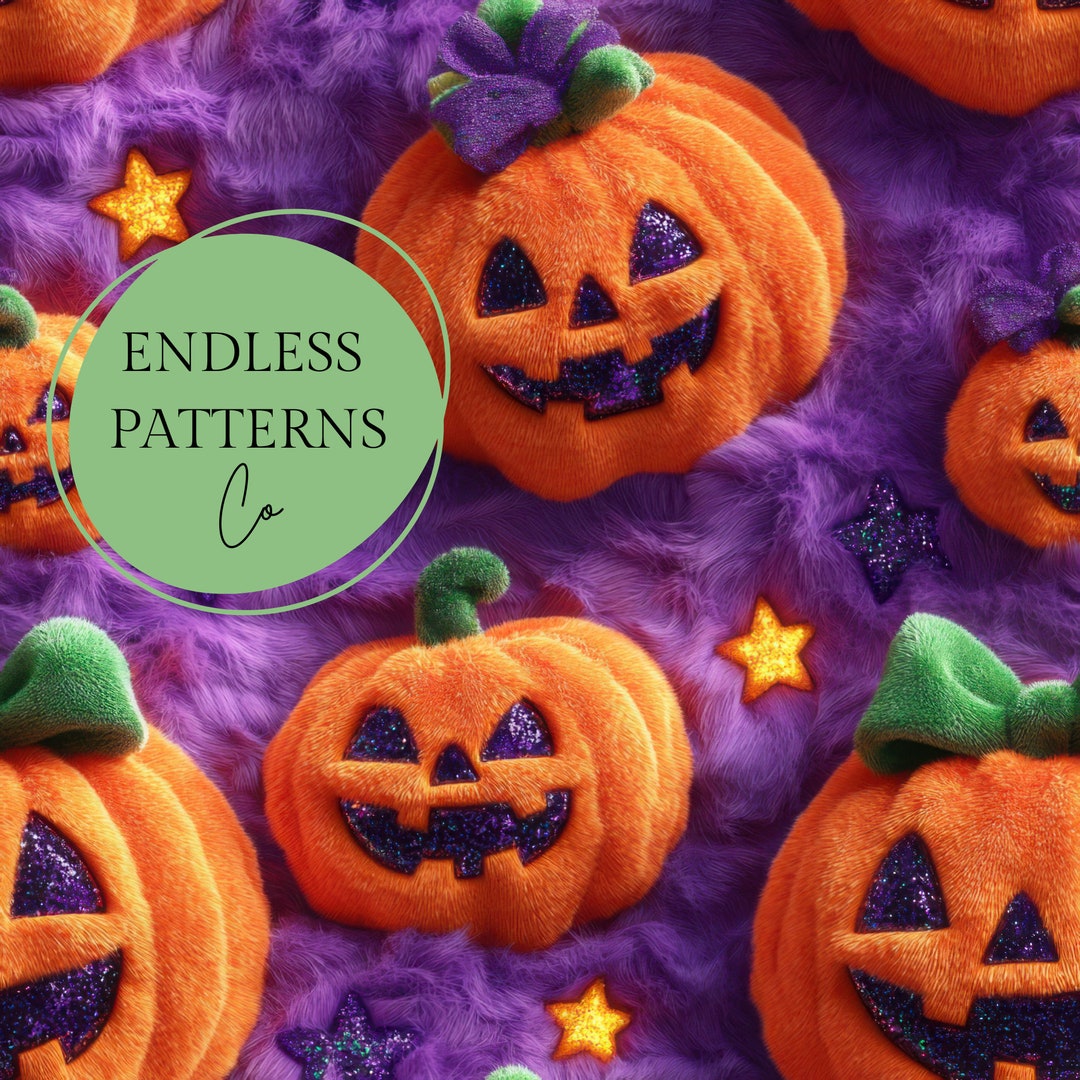 Plush Pumpkins Halloween Purple Faux Fur Seamless Pattern Repeating ...