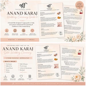 May include: A two-page digital download wedding ceremony guide for the Anand Karaj. The document features the Khanda symbol, floral illustrations, and text explaining Sikh wedding traditions like the Baraat, Milni, and the four Lavaan hymns.