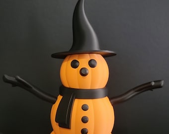 19.5&quot; Articulated Pumpkin Snowman with Witch&#39;s Hat - Perfect Fall & Halloween Decor, Unique Craft Decoration