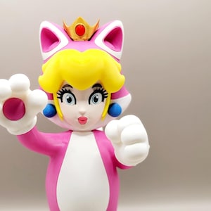 10&quot; Super Mario Cat Princess Peach Figurine - 3D Printed Gamer Gift, Nintendo Collectible, Mario Bros Decor, Geek Desk Accessory