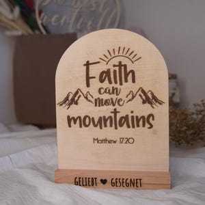 Houten strip, Bijbelvers, kaartenhouder, communie, christelijke geschenken, fotostandaard, kaartenhouder, Matteüs 17:20 Geloof kan bergen verzetten