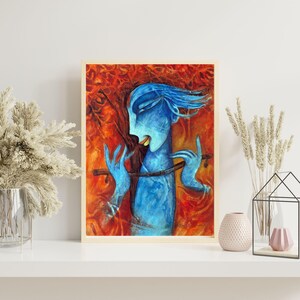 Krishna Flötenspieler Kunstdruck Kunstdruck - Rot & Blau