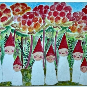 May include: A watercolor painting of a group of gnomes standing in a field of red and orange flowers. The gnomes are wearing red pointed hats and white robes. The flowers are painted in a whimsical style.