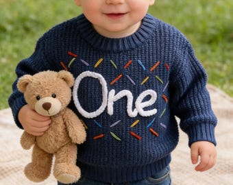 Suéter de aniversário de um ano, suéter personalizado bordado com o número um, suéter com confete, roupa para bebê de um ano, presente de aniversário de 1 ano, roupa para smash cake, roupa de aniversário