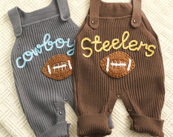 Monogrammed Baby Overalls, Personalized Baby Romper, Embroidered Baby Name Dungarees, Baby Football Outfits, Custom Football Onesie Overalls