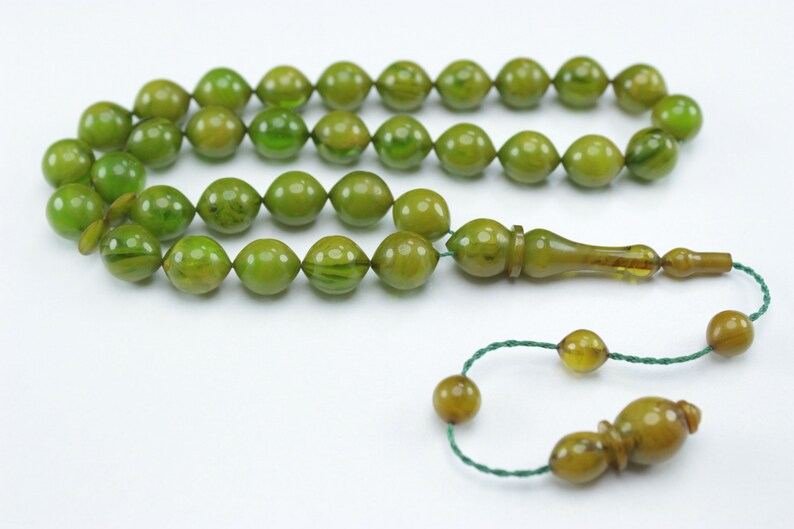 Tesbih Ottomano Mevlana Verde - Rosario Islamico In Perle Ovali 12x8 Mm, Fatto A Mano In Turchia, 37 Cm - 2