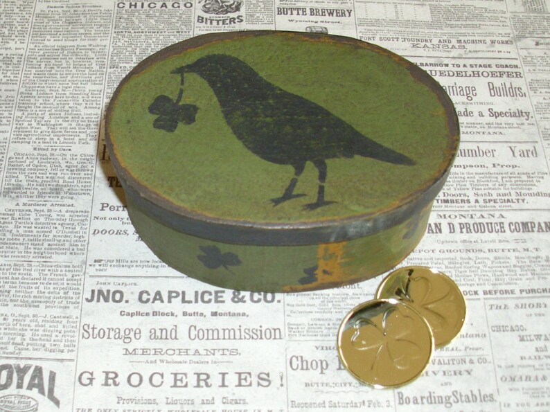 Paper Mache Vintage Green Lucky Crow Box 102 image 1