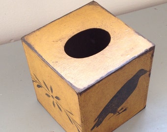 Paper Mache Primitive Folk Art Mustard Crow  Tissue Box