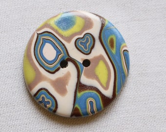 Large fancy colorful button Handcrafted Blue, Brown and white button, 1 1/4 inch buttons, 1 1/2 inch button, No. 293