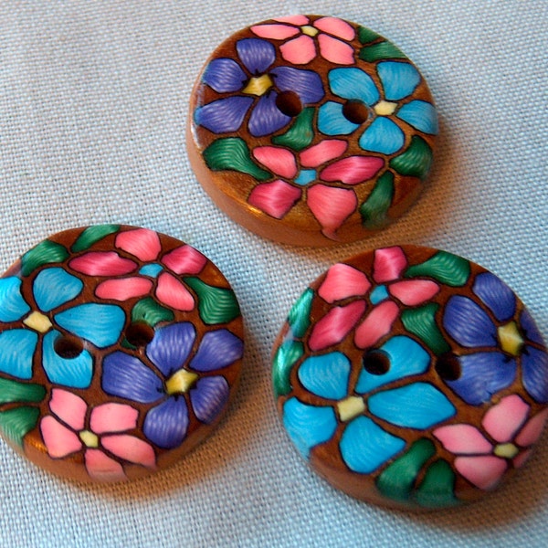 Colorful Large Blue Floral Buttons Large polymer clay Big clay buttons, 1 1/4 inch No. 171