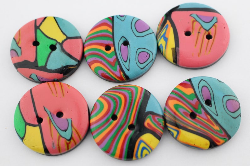 Big Colorful buttons handmade polymer clay buttons 1 1/4 inch or 1 1/2 inch button, no. 189 1 1/4 " set of 6 - D