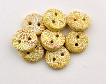 Small Damask Yellow buttons 3/4 inch button polymer clay buttons handmade buttons, set of 8, no. 15