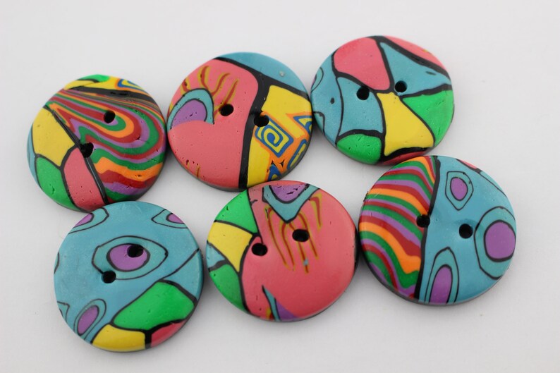 Big Colorful buttons handmade polymer clay buttons 1 1/4 inch or 1 1/2 inch button, no. 189 1 1/4 " set of 6 -a