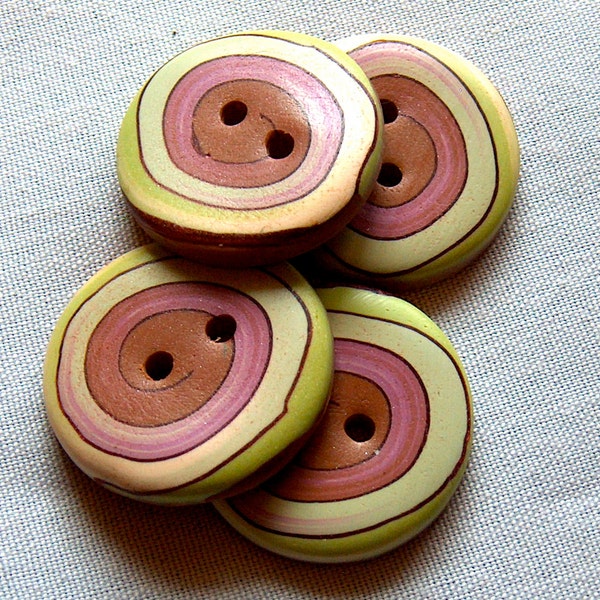Big Brown and Green Spiral Buttons, set of 7  1 1/4 inch No. 237
