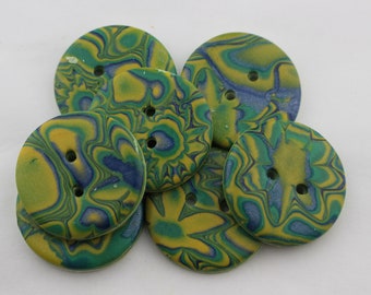 Large Emerald, Navy and Yellow buttons Polymer clay Large Mokume Gane Buttons,  1 1/4 inch Button, No. 193