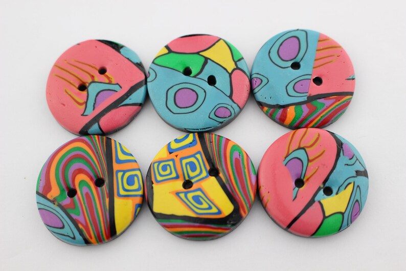 Big Colorful buttons handmade polymer clay buttons 1 1/4 inch or 1 1/2 inch button, no. 189 1 1/4 " set of 6- C