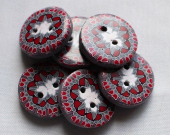 Large Handmade Buttons, Red Kaleidoscope button,  1 inch Button No. 194