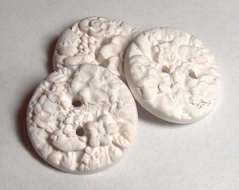 Large Floral Textured White Clay Buttons, Gifts for knitters, Floral buttons Polymer clay buttons, 1 1/4 inch buttons,  No. 139