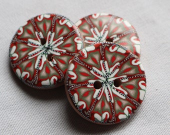 Polymer clay button decorative buttons for sweaters Red, Green, and White Buttons, 1 inch buttons, 1 1/4 inch, No. 334