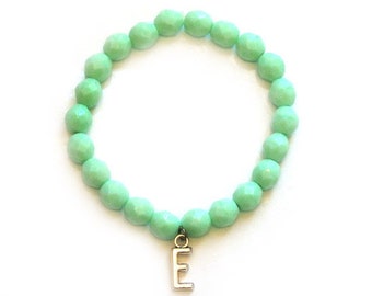 Mint Green Beaded Initial Bracelet /Letter Bracelet/Monogram Bracelet/Initial Disc Bracelet/Personalized bracelet/Script Bracelets/Boho Chic