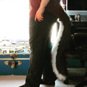 May include: A person wearing a red shirt and black pants with a long, white and black tail attached to the back of their pants.