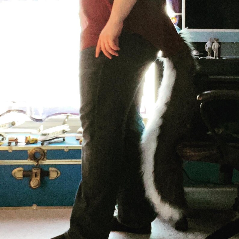 May include: A person wearing a red shirt and black pants with a long, white and black tail attached to the back of their pants.