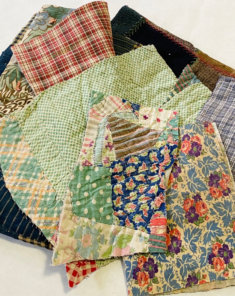 Slow Stitching Textile Collage Upcycle Repurpose Well Worn Storied Fabrics Art Bundle #5023 Antique Vintage Hand Stitched Quilt Pieces