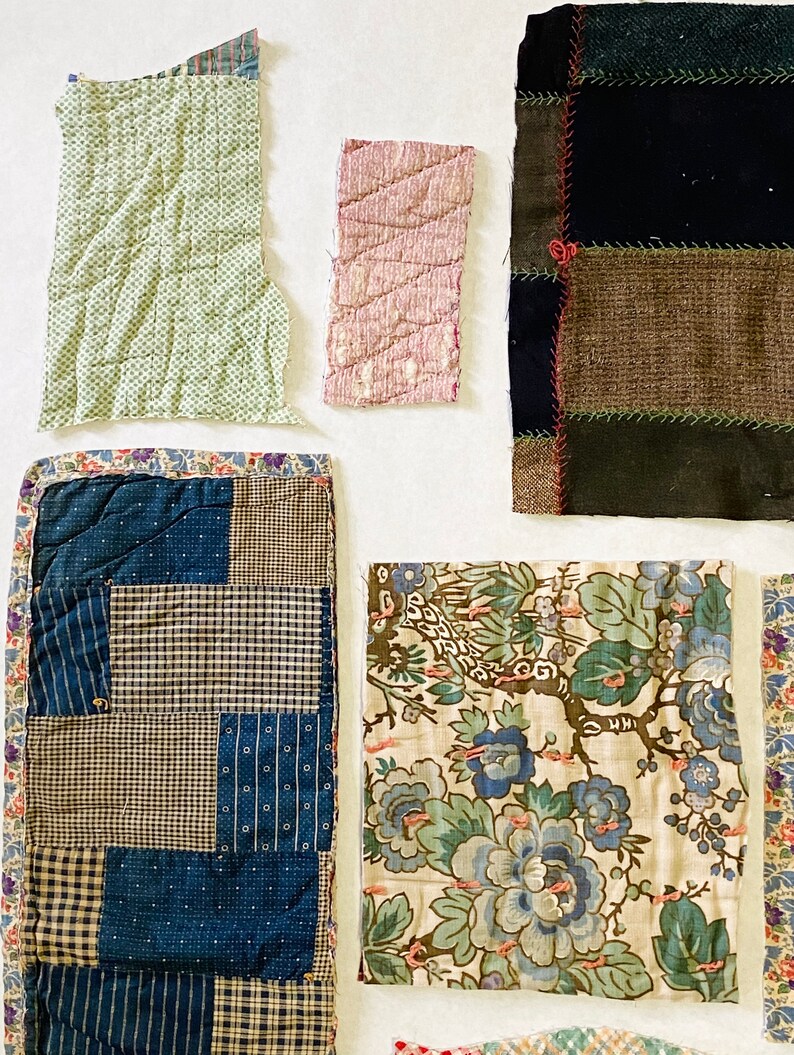 Slow Stitching Textile Collage Upcycle Repurpose Well Worn Storied Fabrics Art Bundle #5023 Antique Vintage Hand Stitched Quilt Pieces