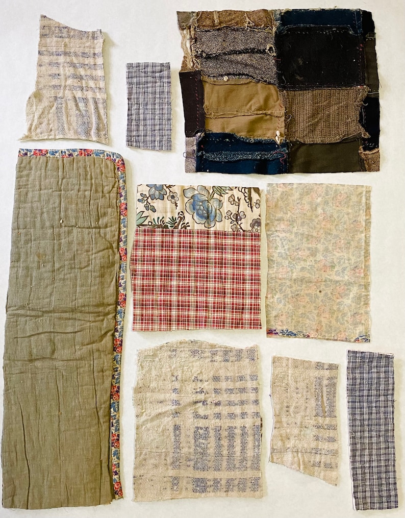 Slow Stitching Textile Collage Upcycle Repurpose Well Worn Storied Fabrics Art Bundle #5023 Antique Vintage Hand Stitched Quilt Pieces