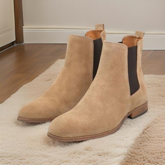 Handmade Men s Chelsea Beige Chelsea Boot Men Beige Ankle Suede Leather Sole Boots