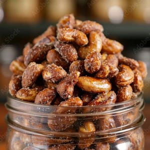 Puede incluir: Un tarro de cristal lleno de frutos secos azucarados. Las nueces son de color marrón claro y oscuro, con un recubrimiento azucarado y brillante. El tarro está sobre una superficie de madera, con un fondo borroso.