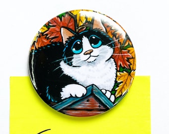 Tuxedo Cat Autumn Leaves, Jumbo Cat Art Fridge Magnet, 59mm