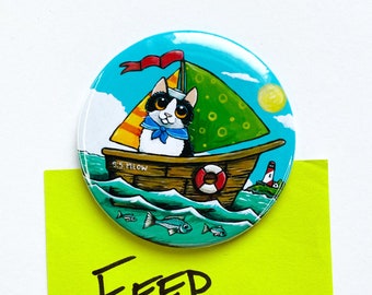 Sailor Cat on Sailboat, Jumbo Cat Art Fridge Magnet, 59mm