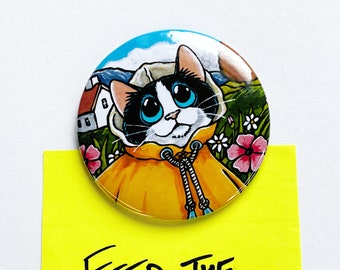 Yellow Raincoat Cat, Jumbo Cat Art Fridge Magnet, 59mm