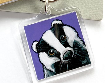 Badger Keyring – Badger with Purple Background